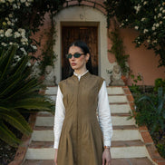 Top Stitch Seamed Waist Dress with Ribbed Neckline and Armholes