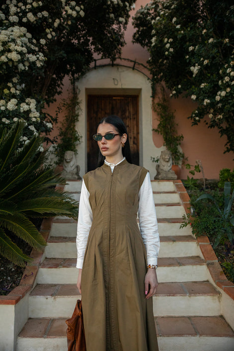 Top Stitch Seamed Waist Dress with Ribbed Neckline and Armholes