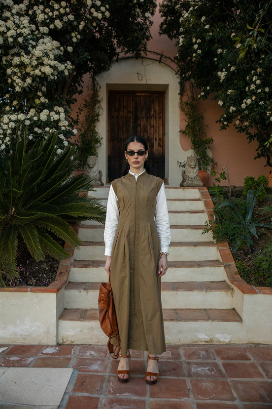 Top Stitch Seamed Waist Dress with Ribbed Neckline and Armholes