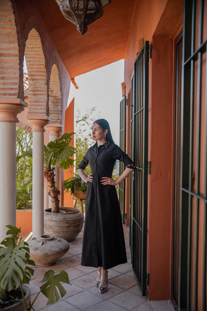 Cotton Maxi Dress with Embellished Collar & Cuffs