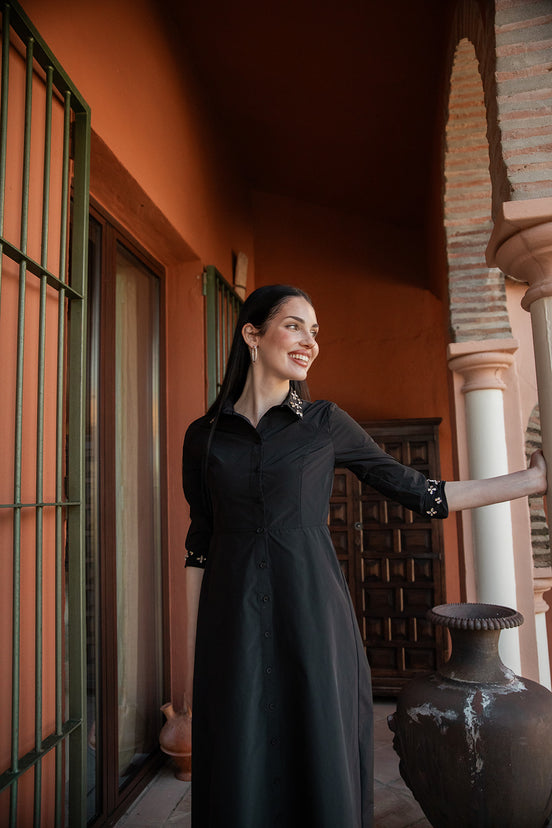 Cotton Maxi Dress with Embellished Collar & Cuffs