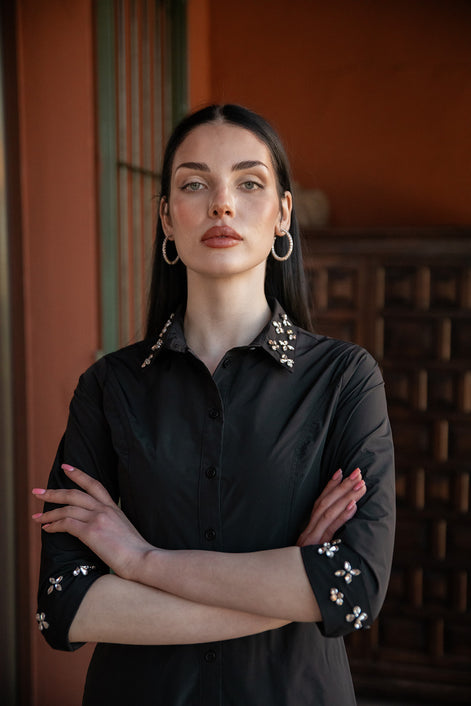 Cotton Maxi Dress with Embellished Collar & Cuffs