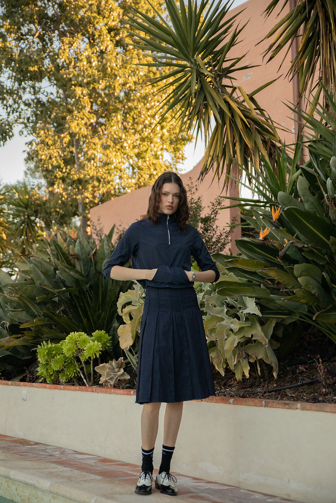 Taffeta Half zip Top with Dropped Shoulder and Front Pocket
