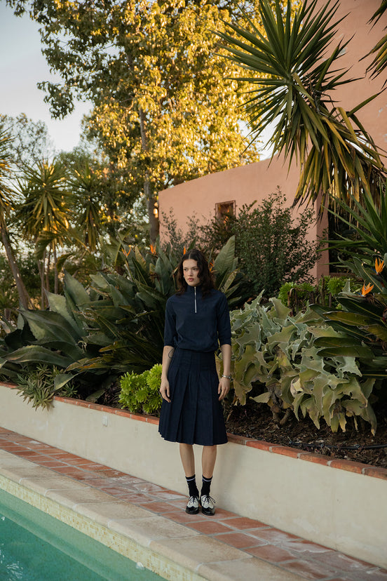 Taffeta Half zip Top with Dropped Shoulder and Front Pocket