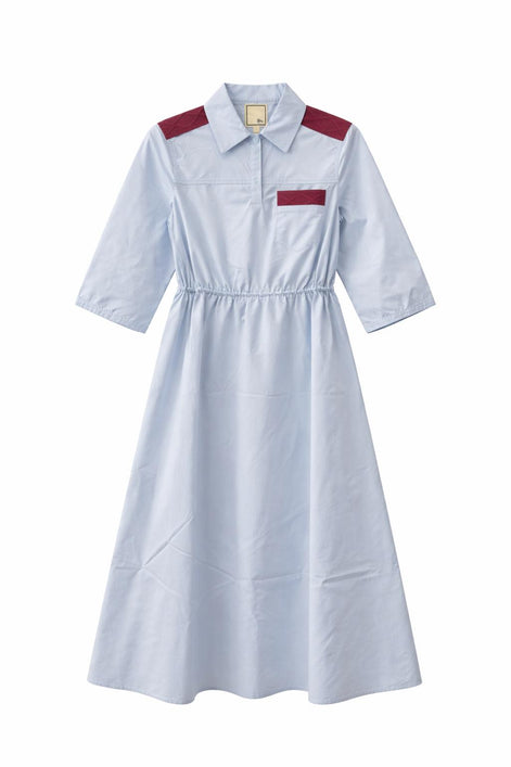 Cotton Shirt Dress with Toggles and Knit Insert Details