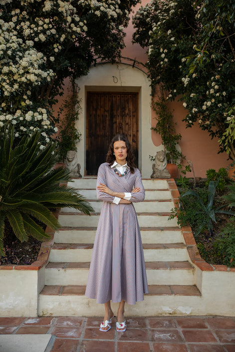 Striped Cotton Shirt Dress with Centre Front Tie