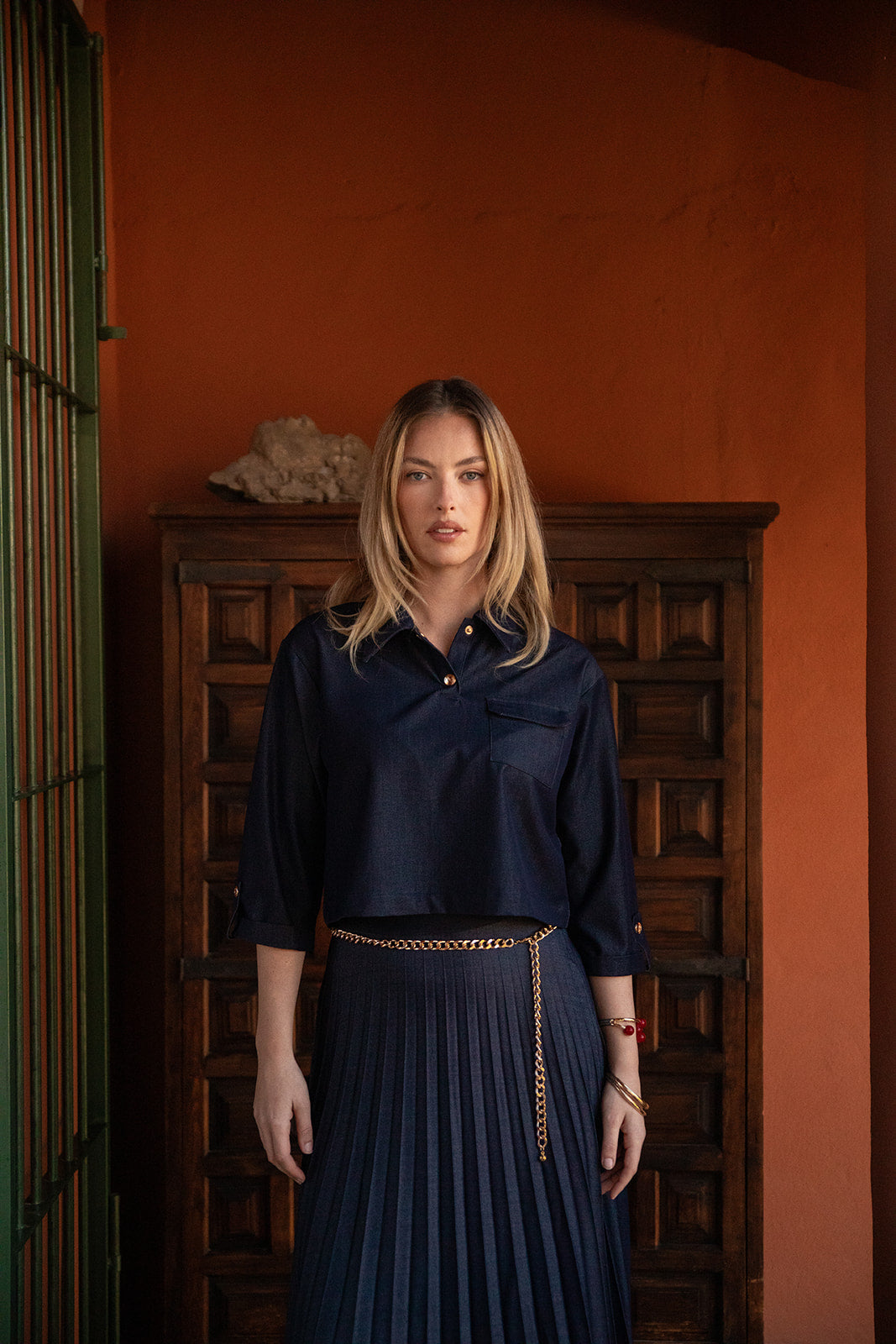 Cropped Denim Top with Fold Down Collar