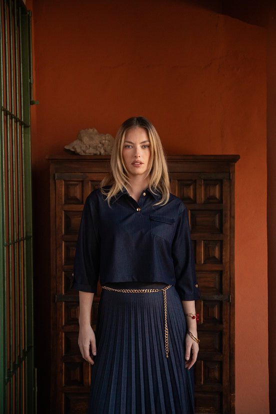 Cropped Denim Top with Fold Down Collar