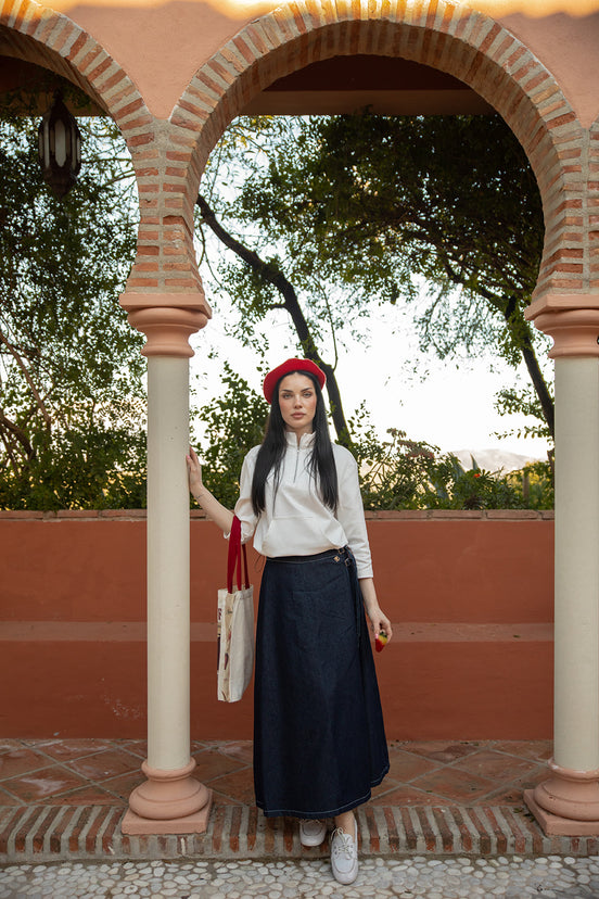 Wrap to Side to Denim Aline Skirt with Double Buckle