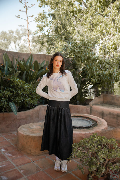 Dropped Waist Frayed Pleat Denim Skirt