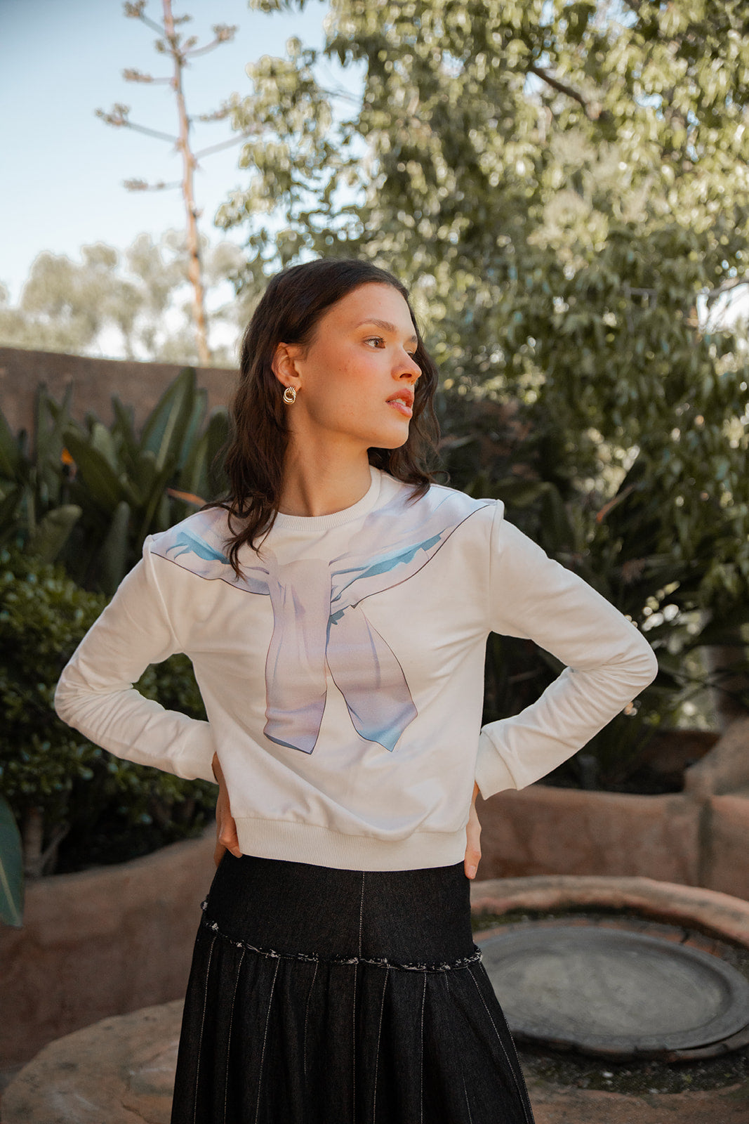 Dropped Waist Frayed Pleat Denim Skirt