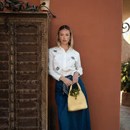 Aline Denim Skirt with Printed Scarf Belt