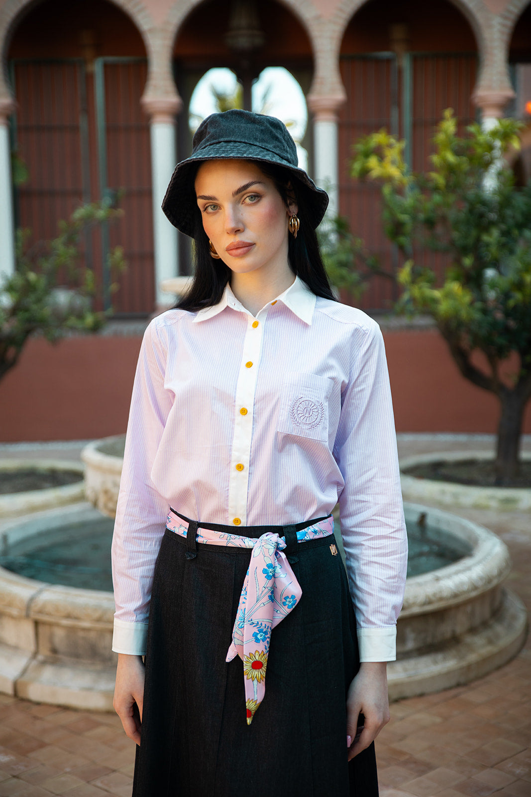 Aline Denim Skirt with Printed Scarf Belt