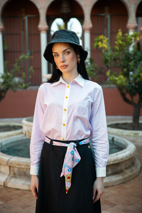 Aline Denim Skirt with Printed Scarf Belt