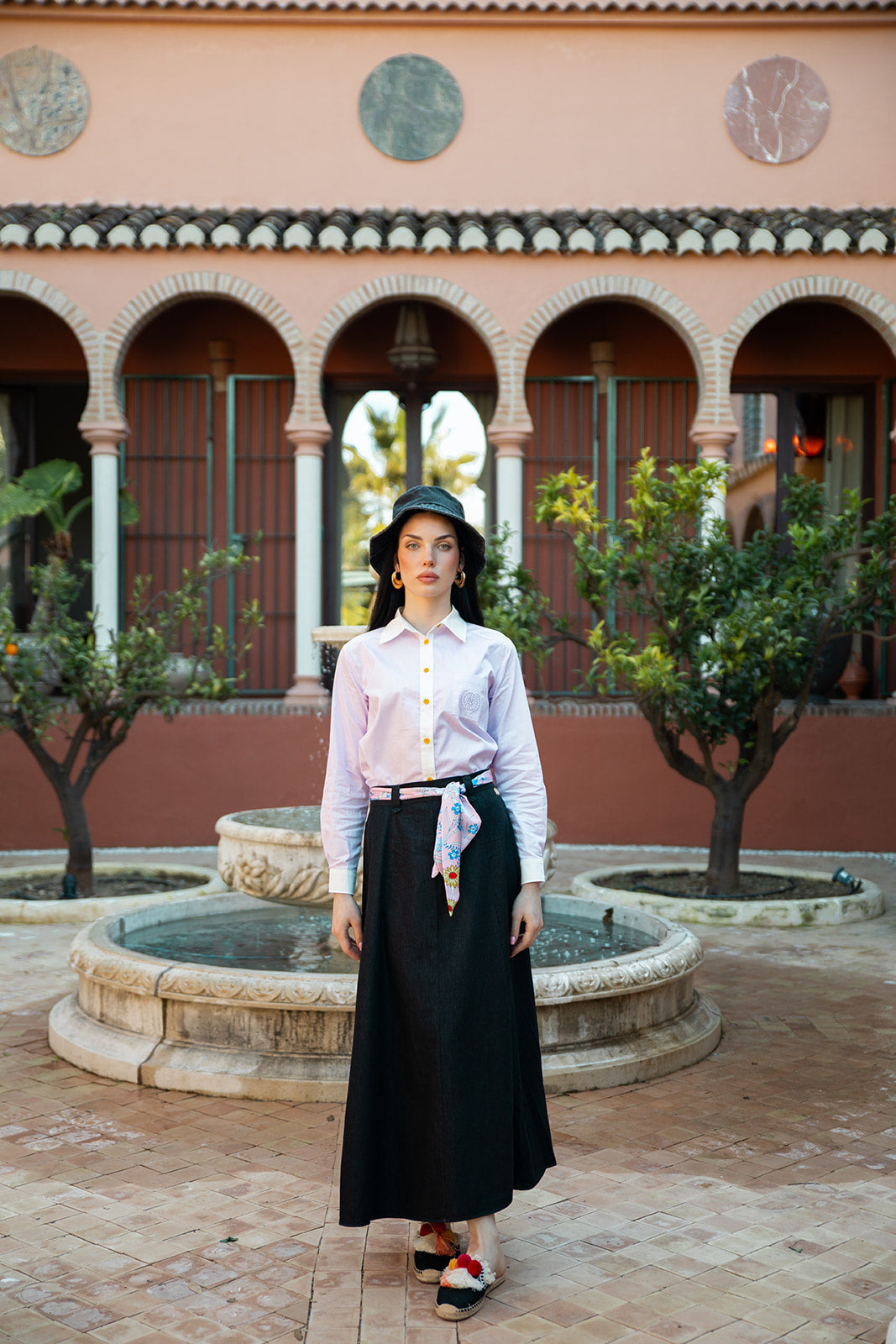 Aline Denim Skirt with Printed Scarf Belt