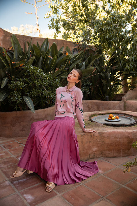 Sewn Down Knife Pleat Maxi Satin Skirt with Waistband