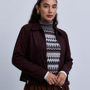 Suede Zip Up Collared Jacket with Gathered Waistband and Side Leather Buckles