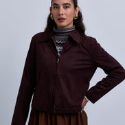 Suede Zip Up Collared Jacket with Gathered Waistband and Side Leather Buckles