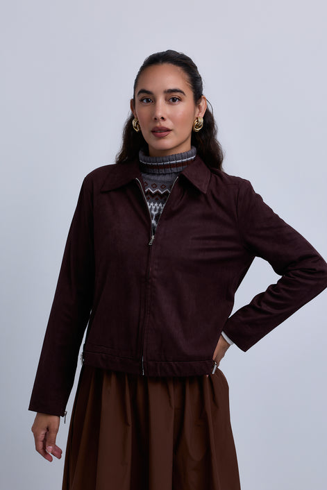Suede Zip Up Collared Jacket with Gathered Waistband and Side Leather Buckles