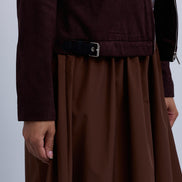 Suede Zip Up Collared Jacket with Gathered Waistband and Side Leather Buckles