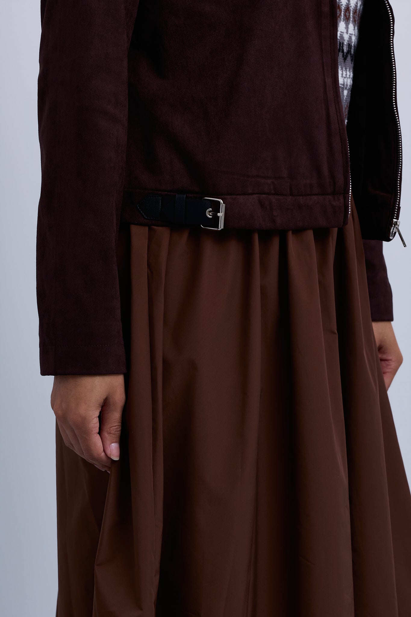Suede Zip Up Collared Jacket with Gathered Waistband and Side Leather Buckles