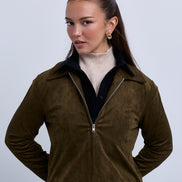 Suede Zip Up Collared Jacket with Gathered Waistband and Side Leather Buckles