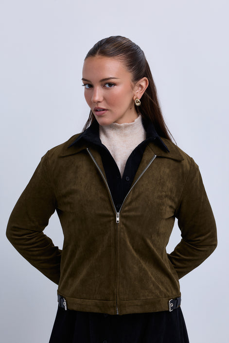 Suede Zip Up Collared Jacket with Gathered Waistband and Side Leather Buckles