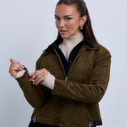 Suede Zip Up Collared Jacket with Gathered Waistband and Side Leather Buckles
