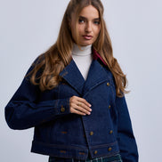 Double Breasted Denim Jacket with Contrast Collar