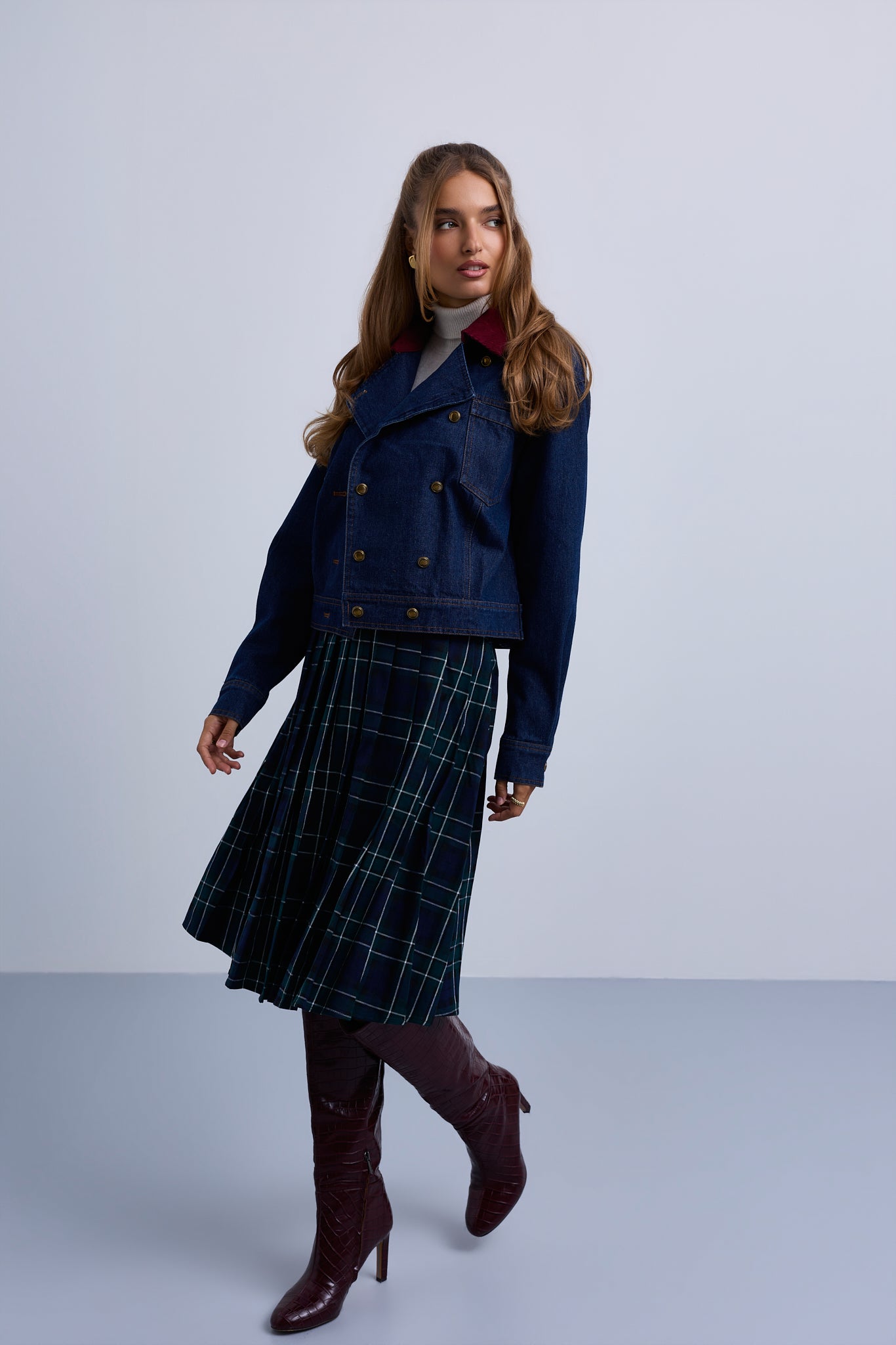 Double Breasted Denim Jacket with Contrast Collar