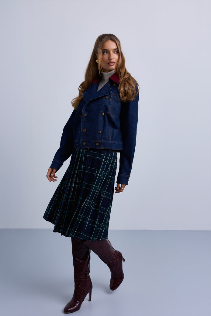 Double Breasted Denim Jacket with Contrast Collar - Blue