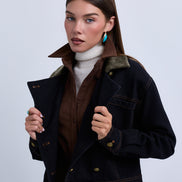 Double Breasted Denim Jacket with Contrast Collar