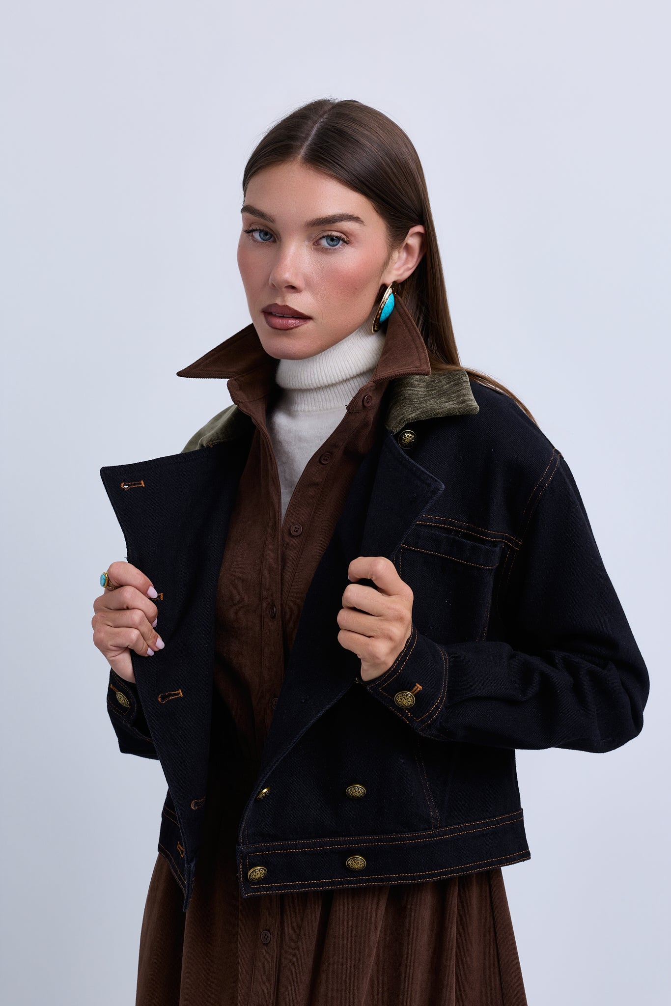 Double Breasted Denim Jacket with Contrast Collar