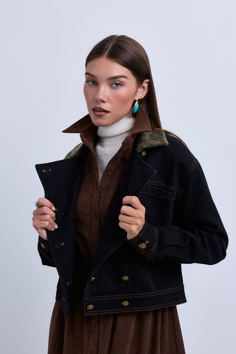 Double Breasted Denim Jacket with Contrast Collar