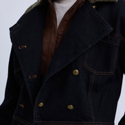 Double Breasted Denim Jacket with Contrast Collar