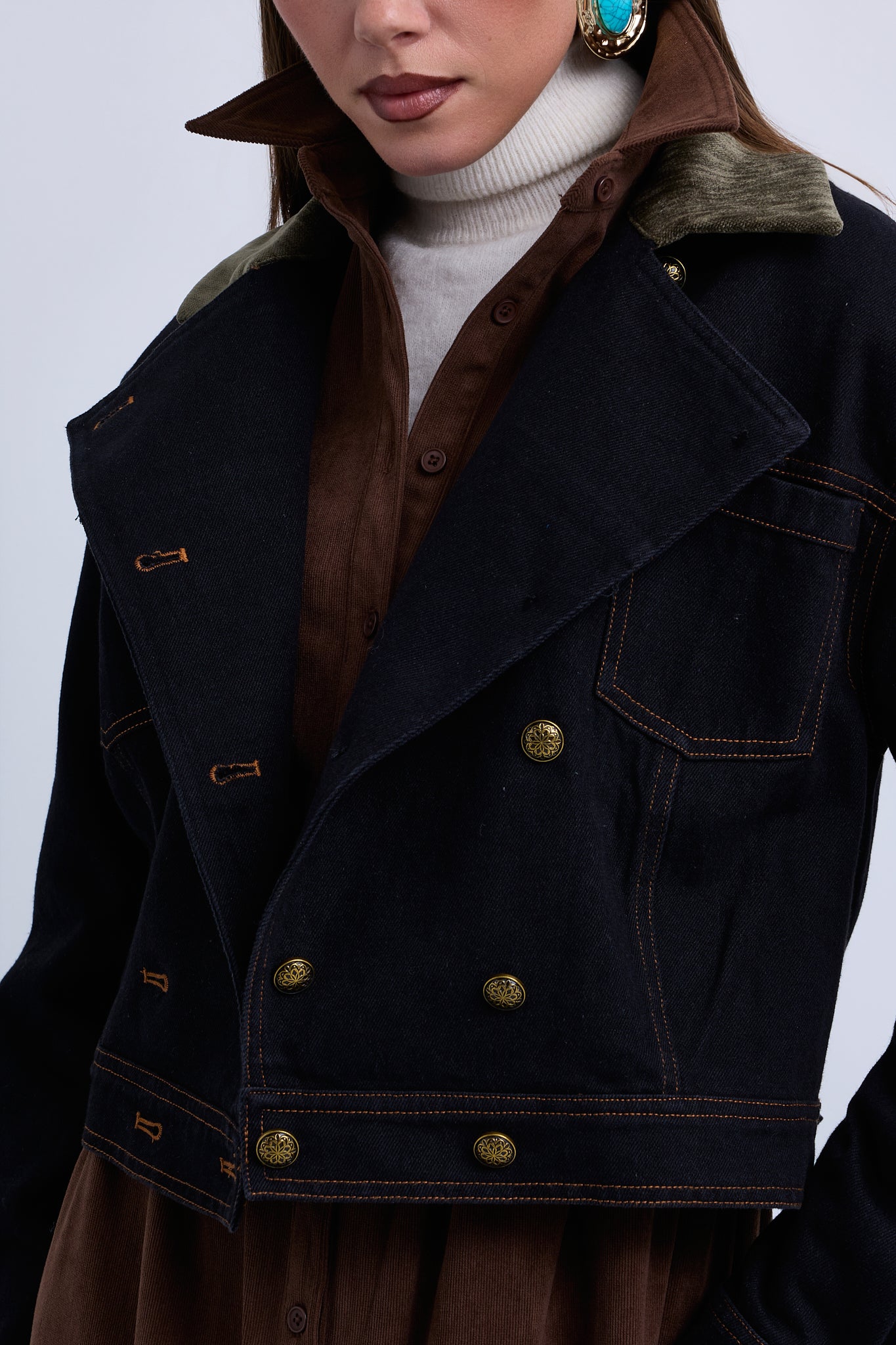 Double Breasted Denim Jacket with Contrast Collar
