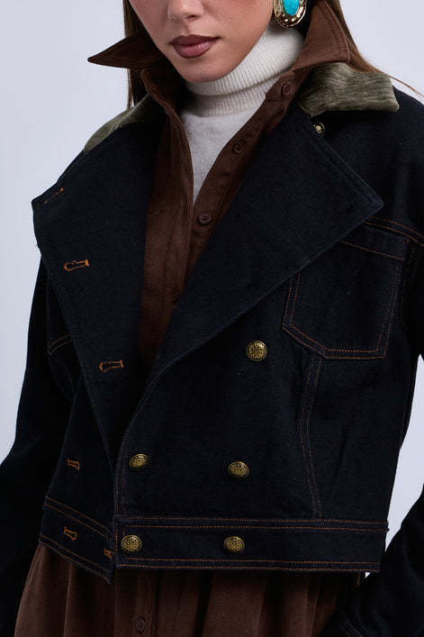 Double Breasted Denim Jacket with Contrast Collar