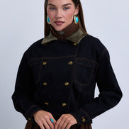 Double Breasted Denim Jacket with Contrast Collar