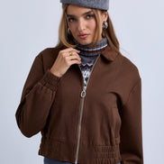 Zip Front Bomber with Suede Collar and Wide Synced Waist