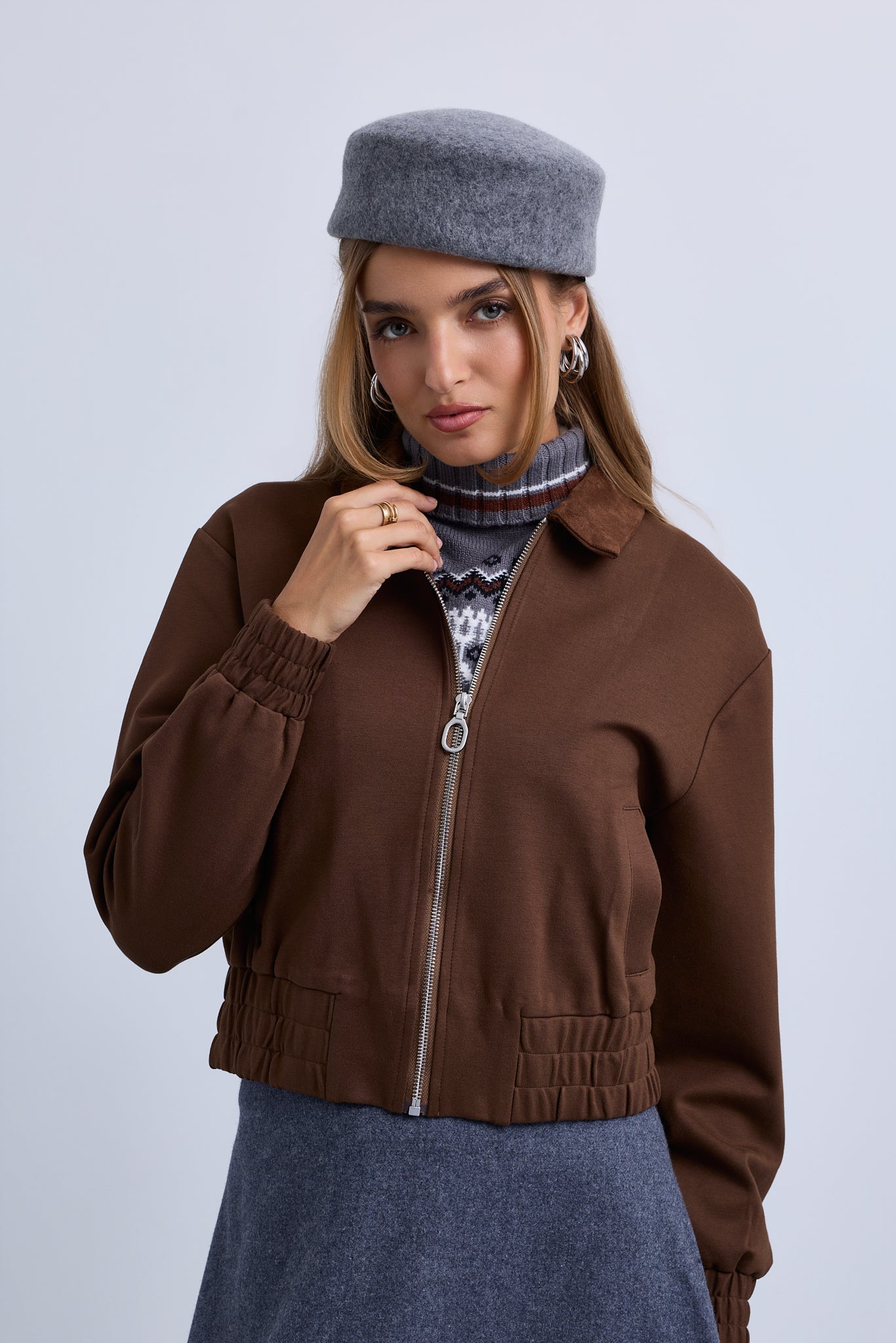 Zip Front Bomber with Suede Collar and Wide Synced Waist