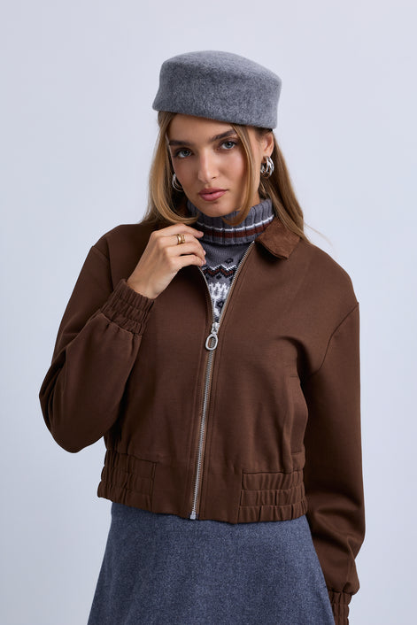 Zip Front Bomber with Suede Collar and Wide Synced Waist