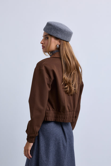 Zip Front Bomber with Suede Collar and Wide Synced Waist