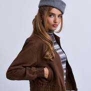 Zip Front Bomber with Suede Collar and Wide Synced Waist