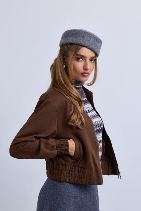 Zip Front Bomber with Suede Collar and Wide Synced Waist