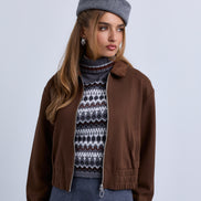 Zip Front Bomber with Suede Collar and Wide Synced Waist