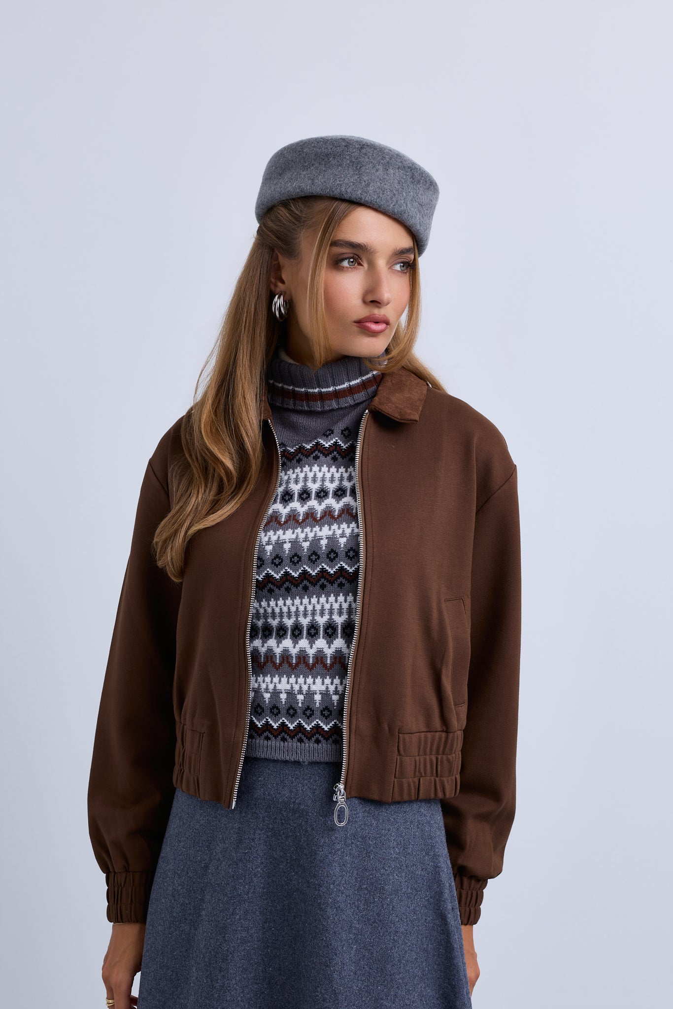 Zip Front Bomber with Suede Collar and Wide Synced Waist