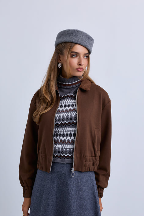 Zip Front Bomber with Suede Collar and Wide Synced Waist