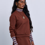 Boxy Sweatshirt with Striped Neck Cuffs and Bottom Band