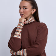 Boxy Sweatshirt with Striped Neck Cuffs and Bottom Band