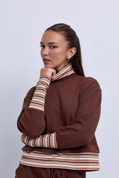 Boxy Sweatshirt with Striped Neck Cuffs and Bottom Band